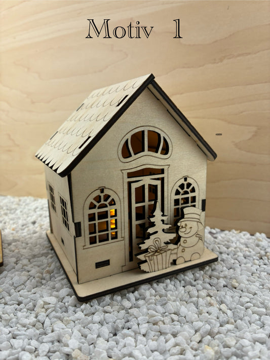🏠 Weihnachts-Holzhäuschen mit LED-Teelicht – 3 Modelle zum Zusammenstecken