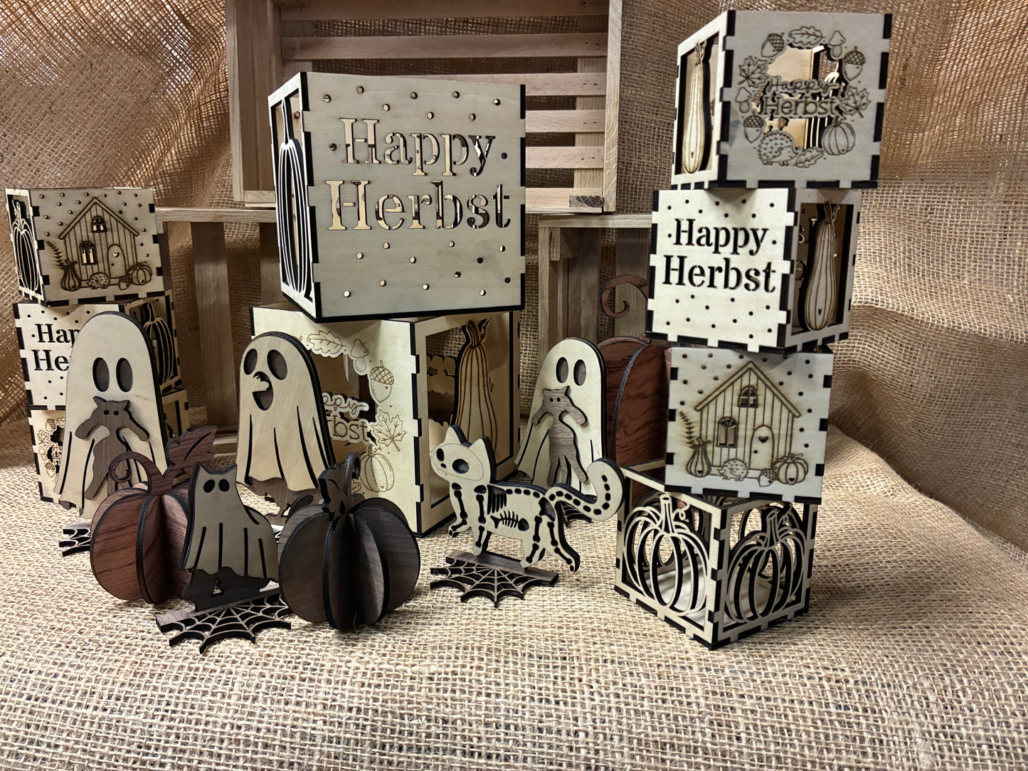 🍁 Holz-Teelichthalter „Happy Herbst“ – 4 Motive aus Lindenholz (3 mm, 2 Größen)